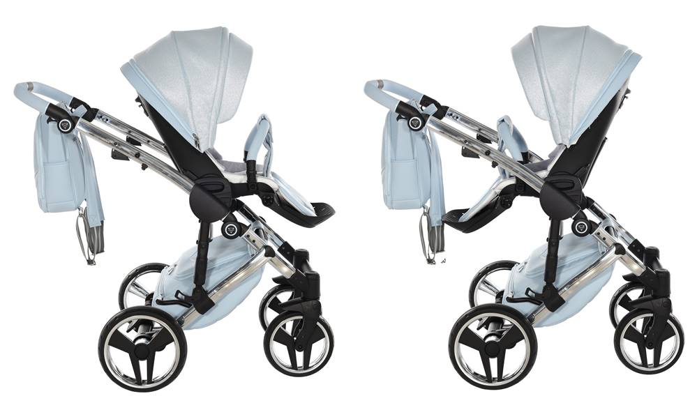 Junama Dolce 02 blue  – wózek 2w1 widok z przodu i profilu, elegancki i funkcjonalny. Dadi-Shop