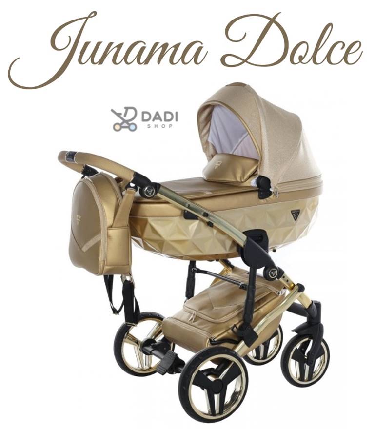 Gondola wózka Junama Dolce Gold 4w1 z daszkiem przeciwsłonecznym – komfort i ochrona dla niemowlęcia.