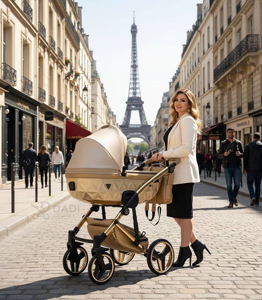 Wózek dziecięcy Junama Dolce Gold 2w1 kolor 05 Złoty – elegancki wózek głęboko spacerowy w plenerze Paryż | Dadi-Shop