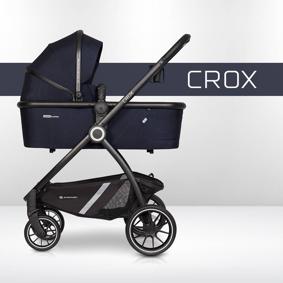 Wózek z gondolą i stelażem 1w1 Euro-Cart CROX Cosmic Blue – elegancki, funkcjonalny wybór w kolorze granatowym na pierwsze spacery z dzieckiem.