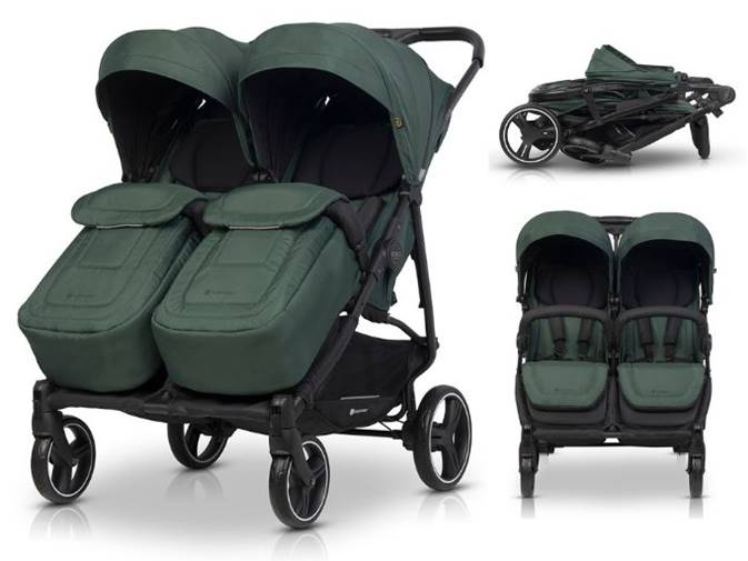 Zestaw wózka spacerowego Euro-Cart Doblo Jungle w odcieniu zieleni: wózek, złożona rama i widok z przodu na białym tle.