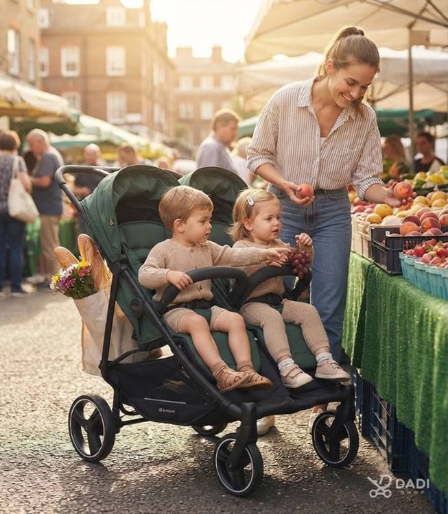 Zielony wózek spacerowy dla bliźniąt Euro-Cart Doblo Jungle na miejskim targu. Dwoje maluchów siedzi obok siebie, a obok nich mama robi zakupy