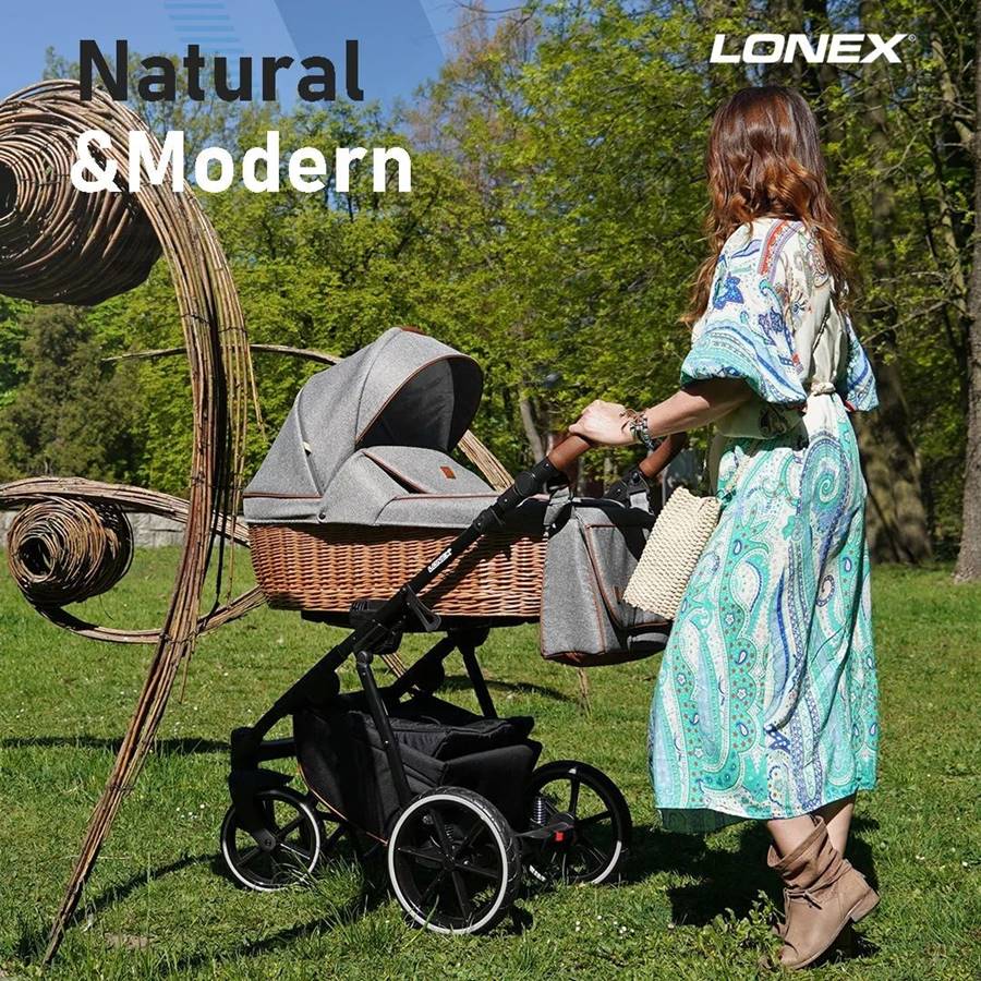 Wózek dziecięcy Lonex EKO PRO 2w1/3w1 wykonany z ekologicznych materiałów – wikliny i lnu, stylowy, funkcjonalny i przyjazny środowisku.