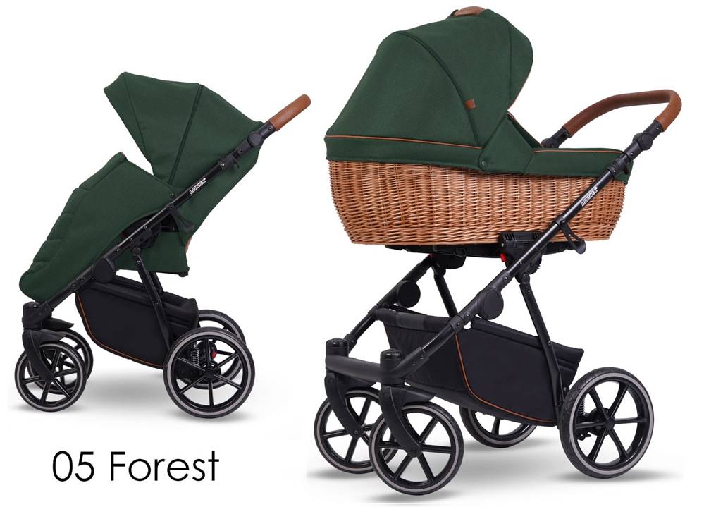 Wózek dziecięcy wielofunkcyjny Lonex EKO PRO w kolorze Forest (05), zielony, z wiklinową gondolą i materiałami eko, stylowy i ekologiczny wybór dla rodziców