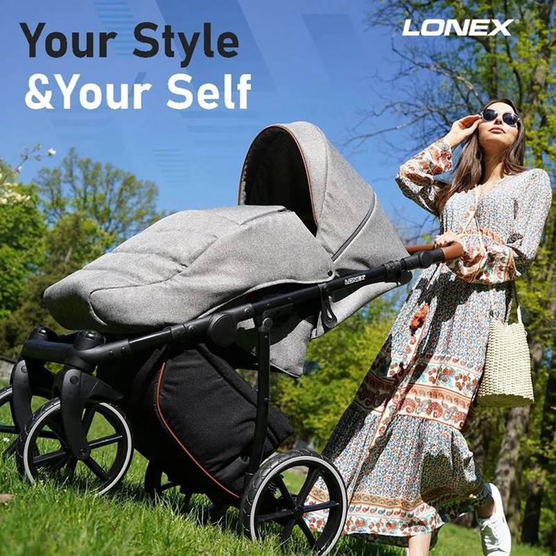 Wózek wielofunkcyjny Lonex EKO PRO Silver (03) w wersji 2w1, 3w1 lub 4w1, prezentacja siedziska spacerowego, ekologiczne materiały i nowoczesny design