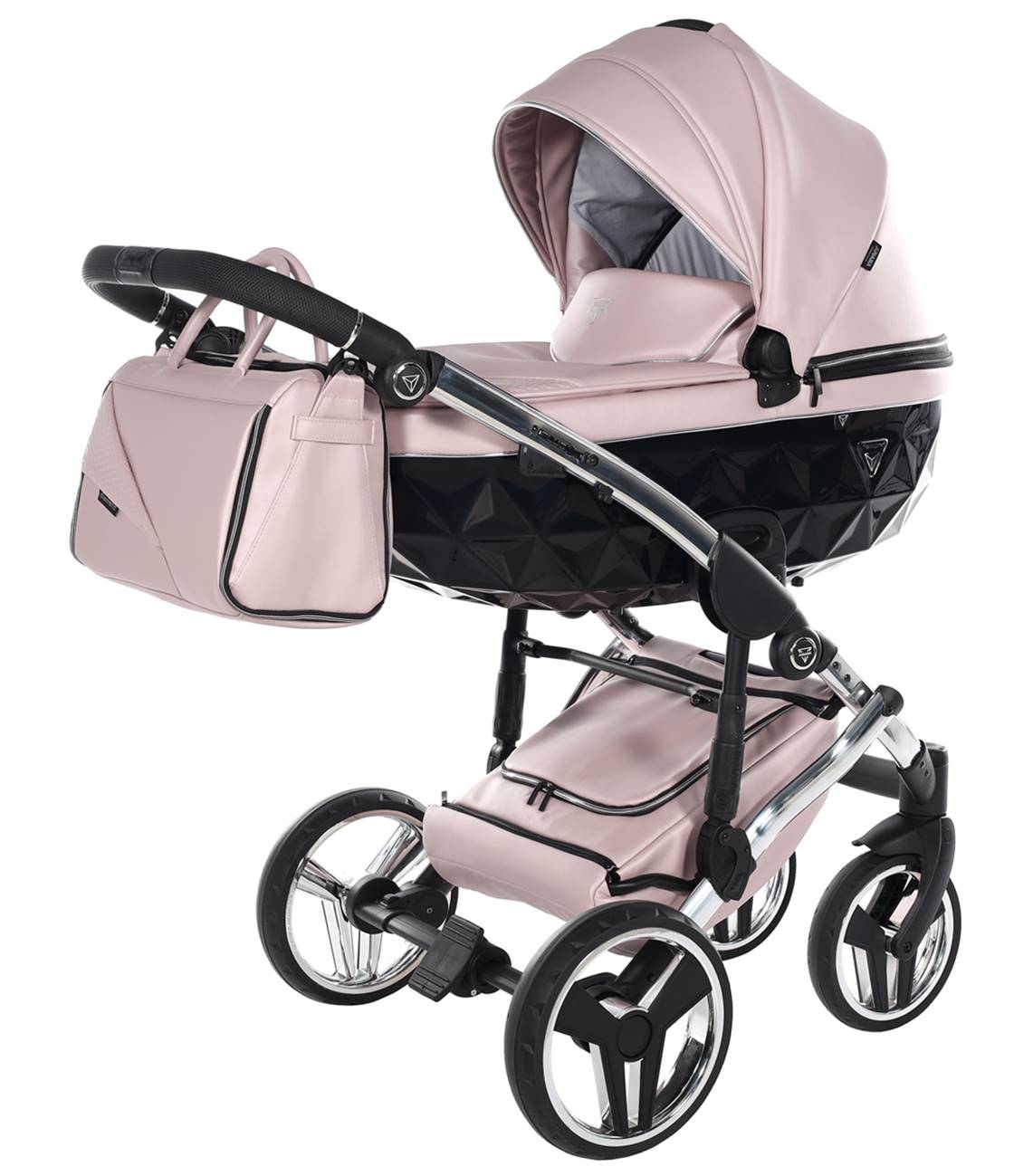 Wózek Junama Diamond Fluo Line w pudrowym różowym kolorze (model 06) – elegancka spacerówka 2w1 i 3w1, dostępna w Dadi-Shop.