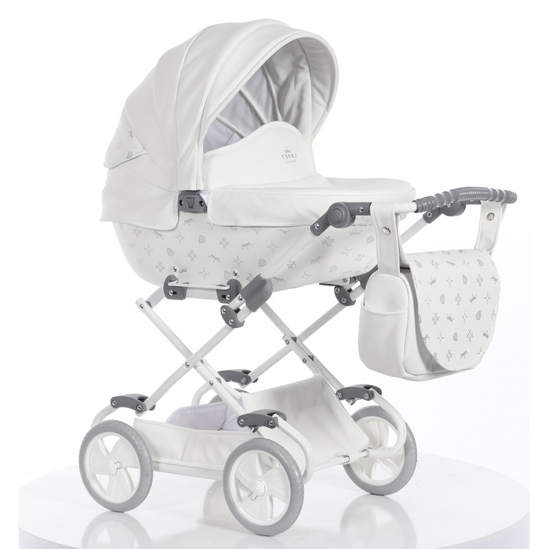Biały wózek dla lalek Tako Imperial Mini 01 z torbą – elegancki i funkcjonalny model do zabawy dla dziewczynek, Dadi-Shop