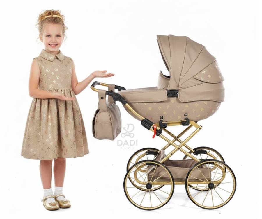Junama Tako Imperial Classic beige doll pram – elegant retro-style pram with large wheels and detailed