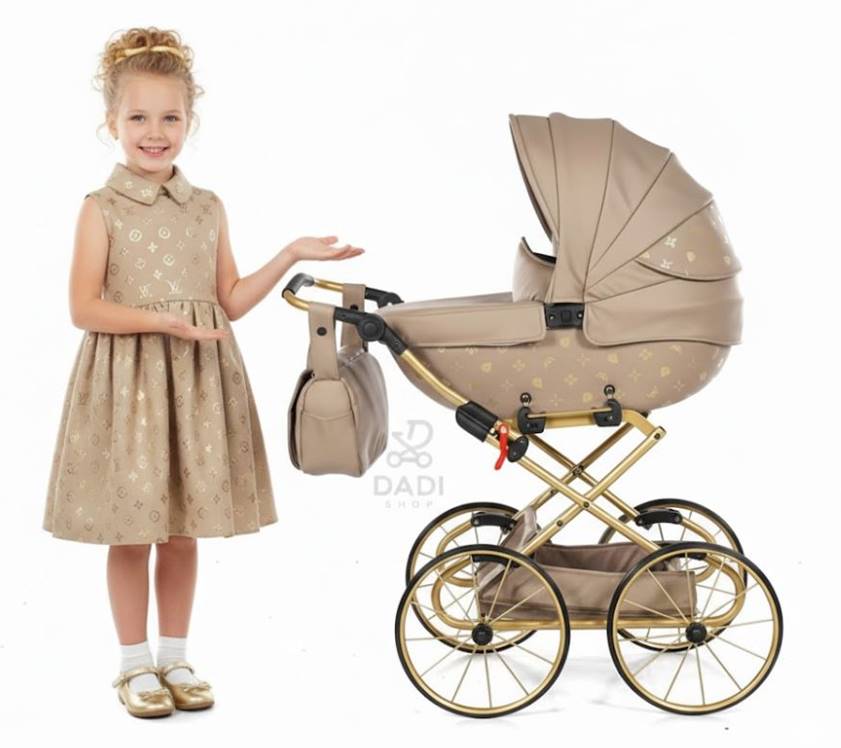 Junama Tako Imperial Mini beige doll pram – luxury toy stroller with golden frame and vintage wheels. dadi-shop