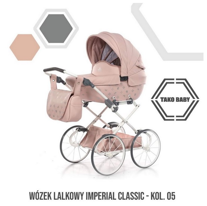 Wózek dla lalek Tako Imperial Classic Pink 05 – różowy model z dużymi kołami w stylu retro, inspirowany prawdziwym wózkiem dziecięcym.