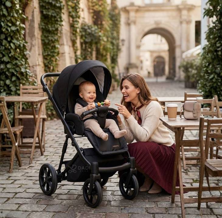 Szczęśliwa mama kuca przy wózku spacerowym Kunert Ivento, w którym siedzi uśmiechnięte niemowlę trzymające zabawkę, na tle zabytkowej uliczki.