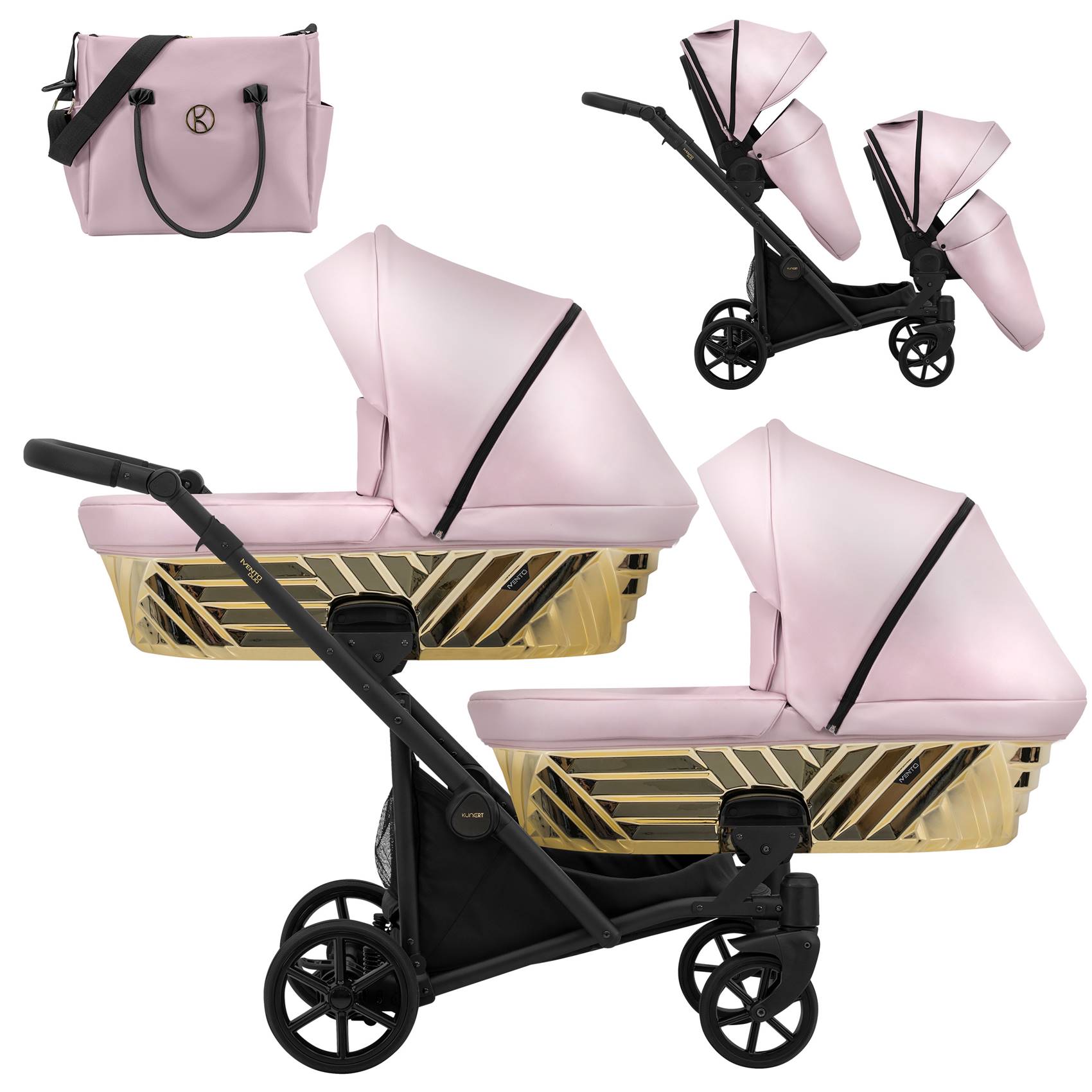 Ivento Duo 20 Eco Pink Metallic – wózek dla dwójki dzieci z gondolami, spacerówkami i torbą, dostępny w sklepie Dadi-Shop, łączący funkcjonalność i styl.