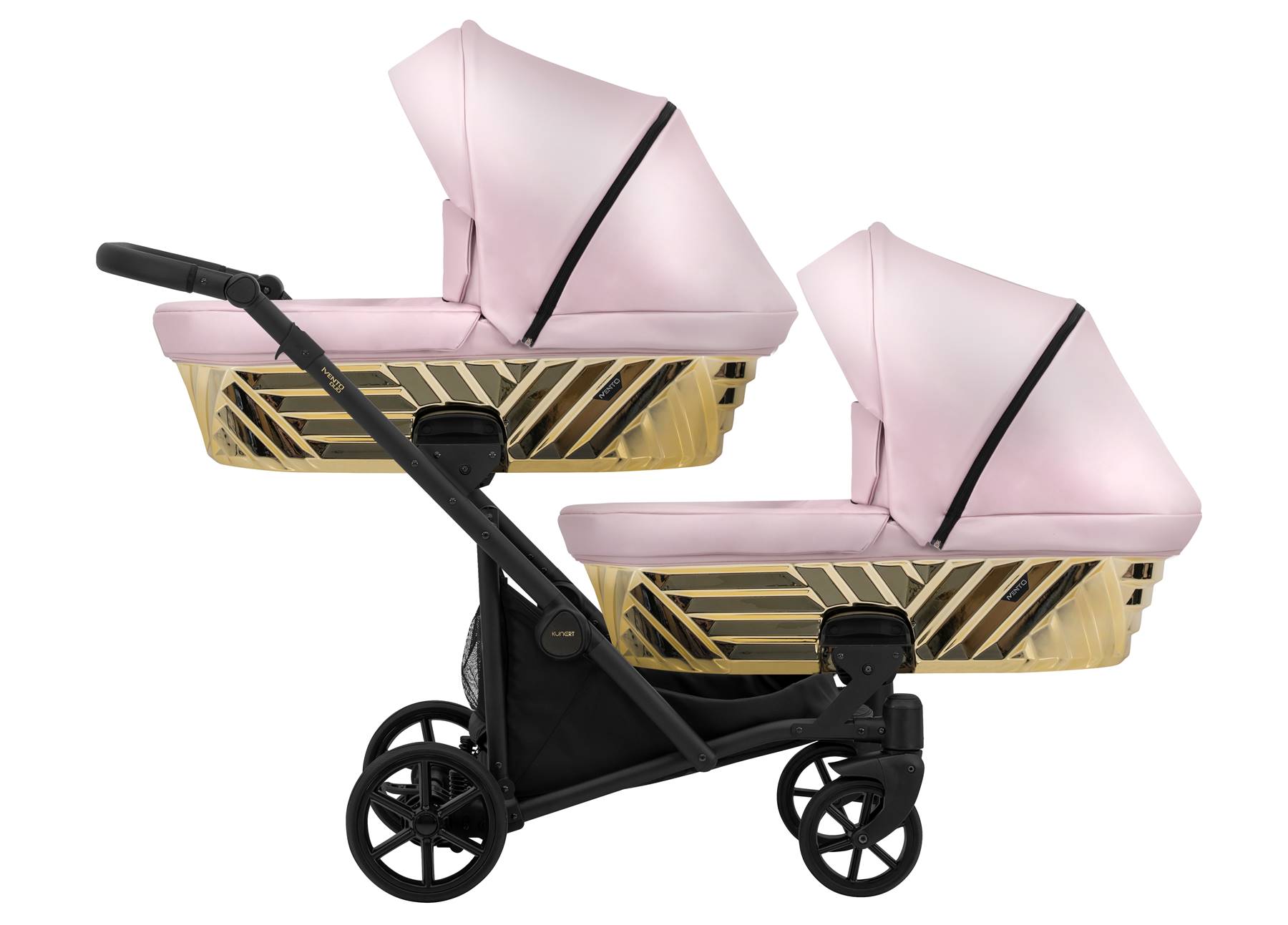 Ivento Duo 02w1 20 Eco Pink Metallic – wózek bliźniaczy producenta Kunert Baby w kolorze różowym i złotym, zapewniający komfort i funkcjonalność dla dwójki dzieci.