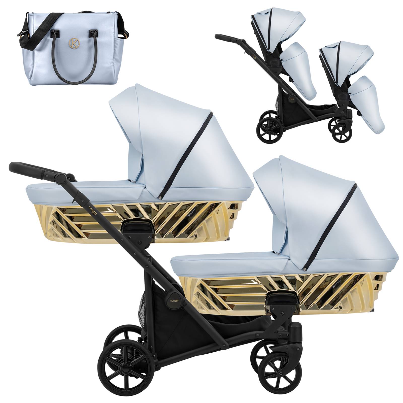 Wózek bliźniaczy 2w1 Ivento Duo Glam 21 Eco Baby Blue Metallic – gondola i spacerówka w jednym, elegancki zestaw dla dwójki dzieci, łączący funkcjonalność z stylem.