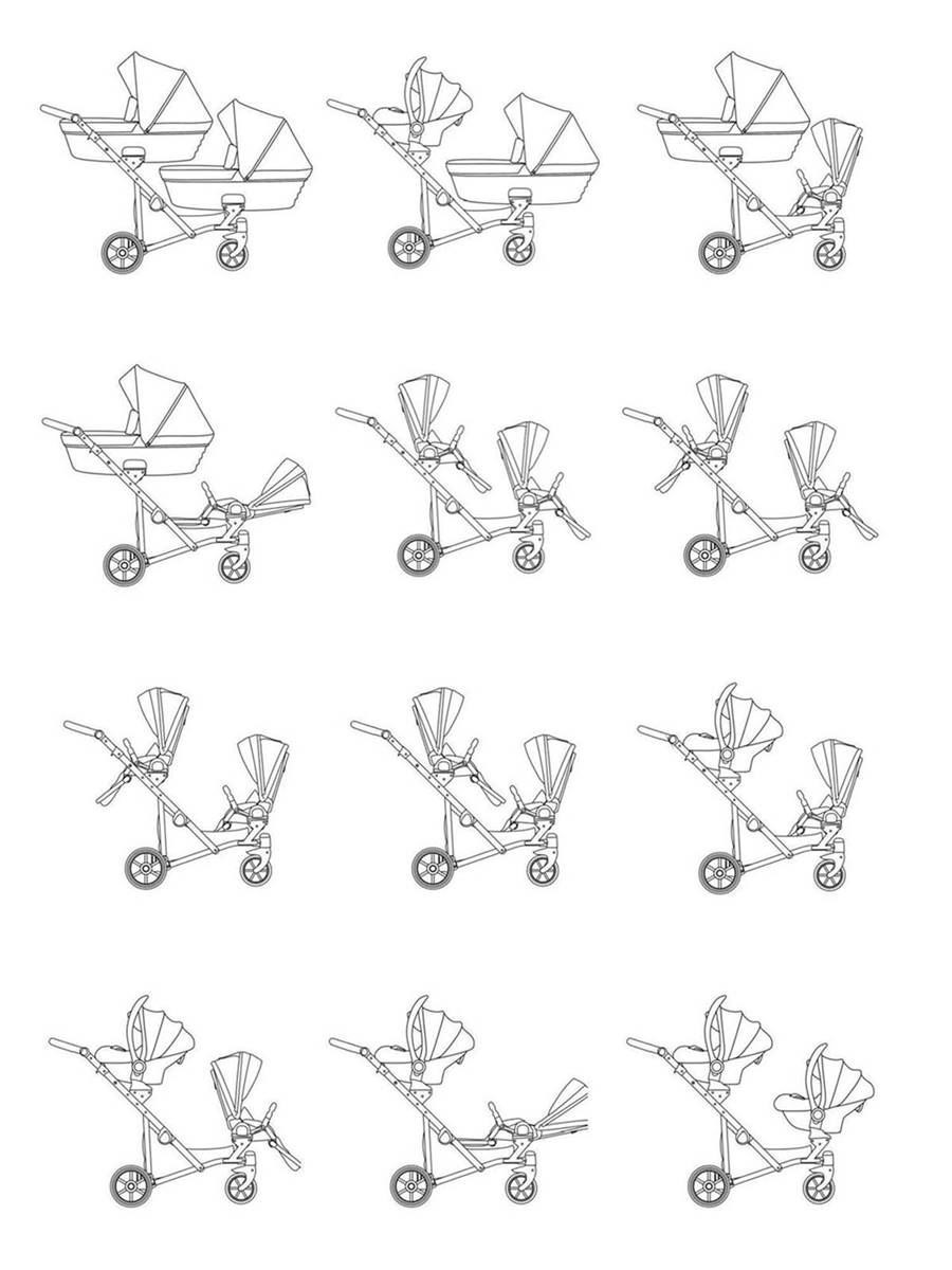 Ułożenia wózka Ivento Duo Kunert – opcje dla dzieci rok po roku lub wózka bliźniaczego z gondolami, spacerówkami i fotelikami.