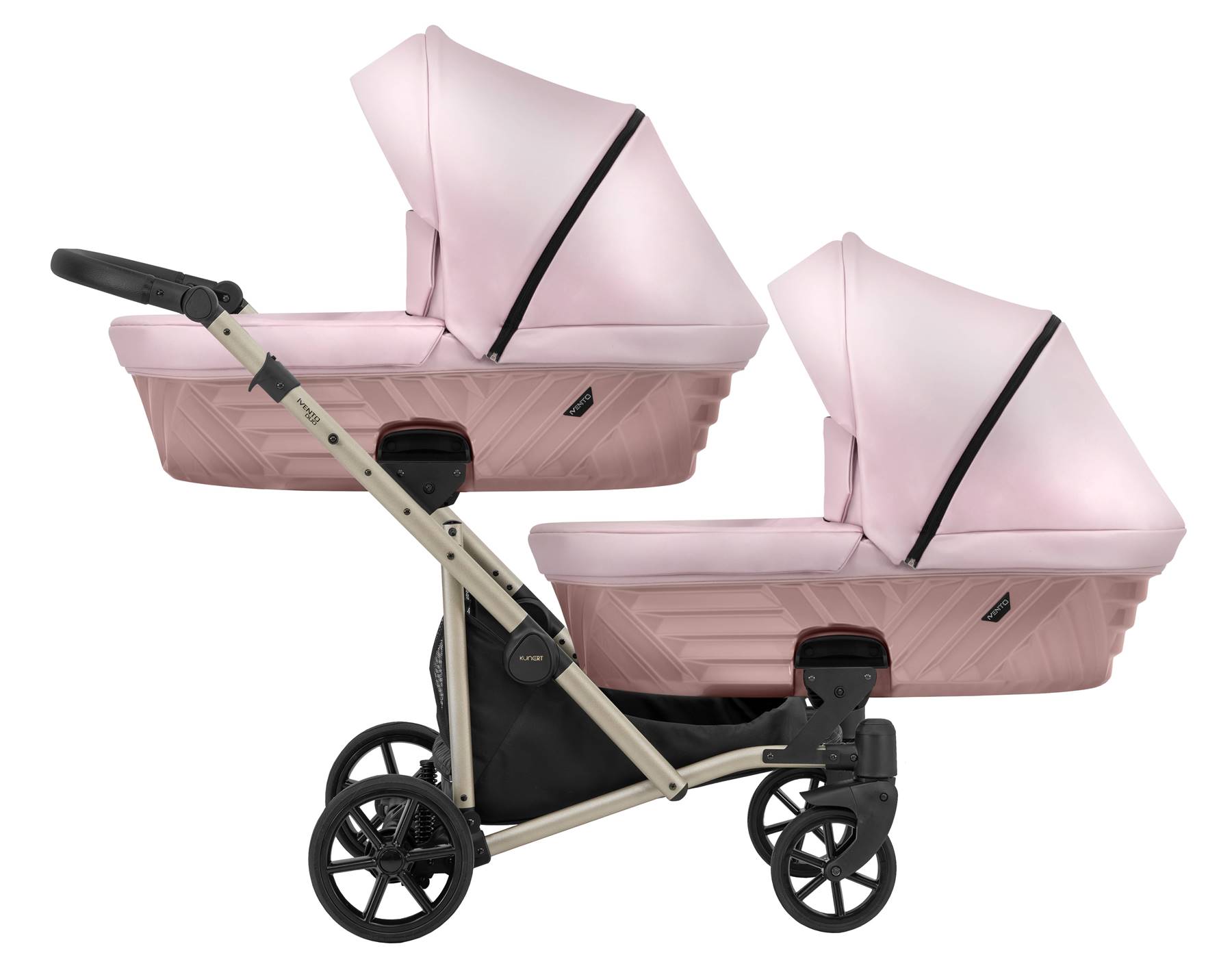 Wózek dla dwójki dzieci, bliźniak Ivento Duo 4w1, model 13 Eco Pink Metalic z ekologiczną skórą, z gondolami, prezentacja funkcjonalnego designu.