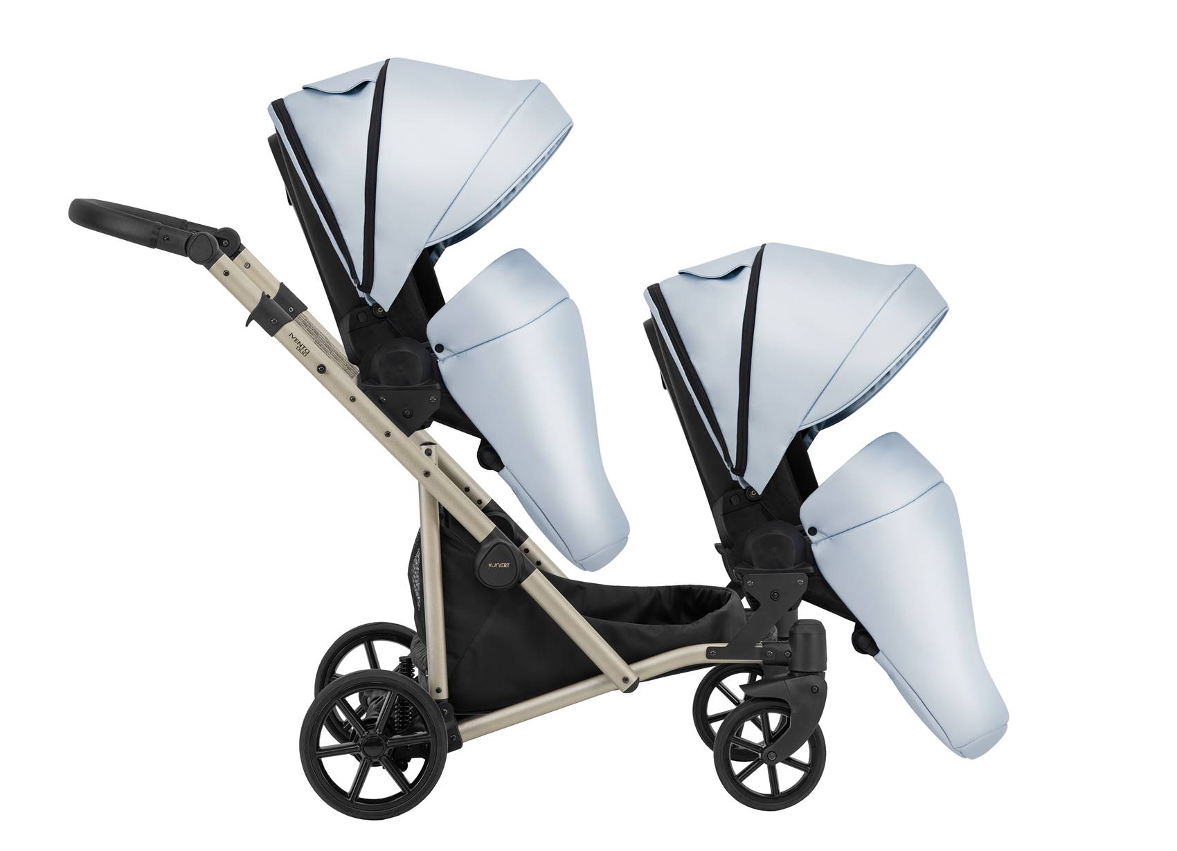 Wózek dla bliźniąt Ivento Duo Kunert, model tandem 22 Baby Blue Metalic ECO, funkcjonalny i stylowy design.