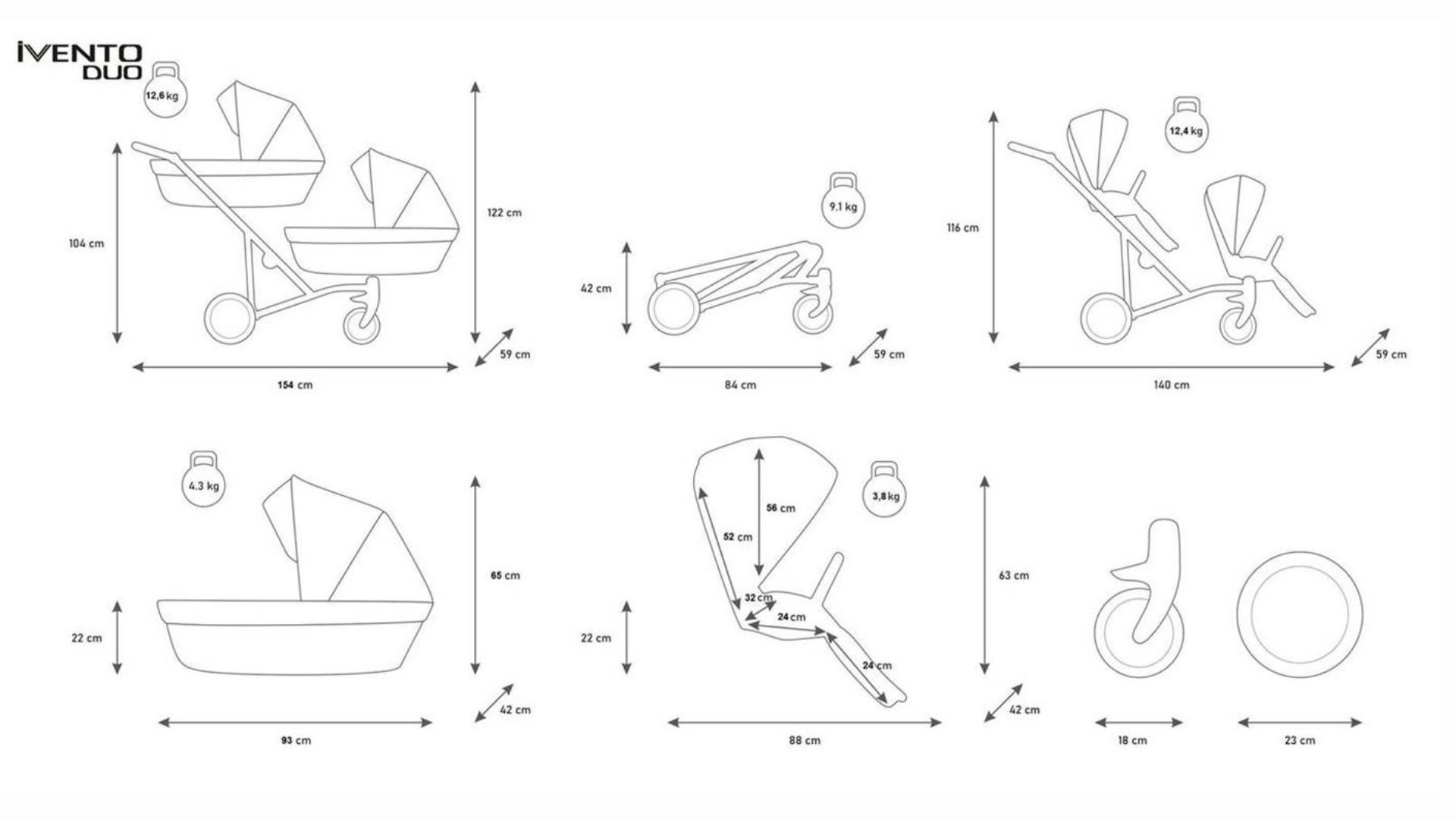 Wymiary wózka bliźniaczego Ivento Duo - Kunert - sklep dadi-shop
