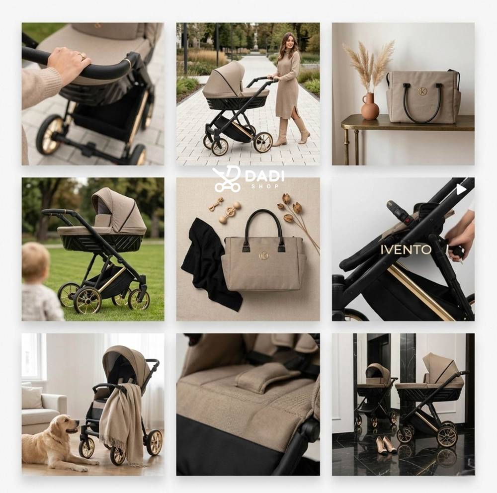 Kolaż zdjęć wózka Kunert Ivento Premium 3w1 10 Caramel Macchiato beżowy – gondola 3D, spacerówka, torba pielęgnacyjna, złoto-czarna rama, elegancki odcień karmel macchiato