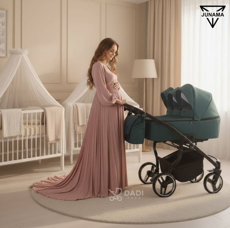 Wózek z gondolami Junama Duo V3 2w1 daje pełną ochronę i wygodę Twoim maluchom – lekki, funkcjonalny i gotowy na każdy spacer. z kobieta w bliźniaczej ciąży. dadi-shop