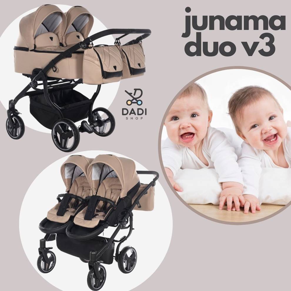 Junama Duo V3 2w1 w beżowym odcieniu – komfortowe spacery w parku z Twoimi bliźniakami, styl i wygoda w każdym kroku.