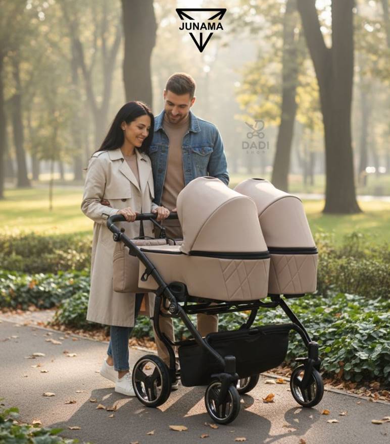 Wózek bliźniaczy 2w1 beżowy 01- sesja plenerowa w parku rodzice. dadi-shop