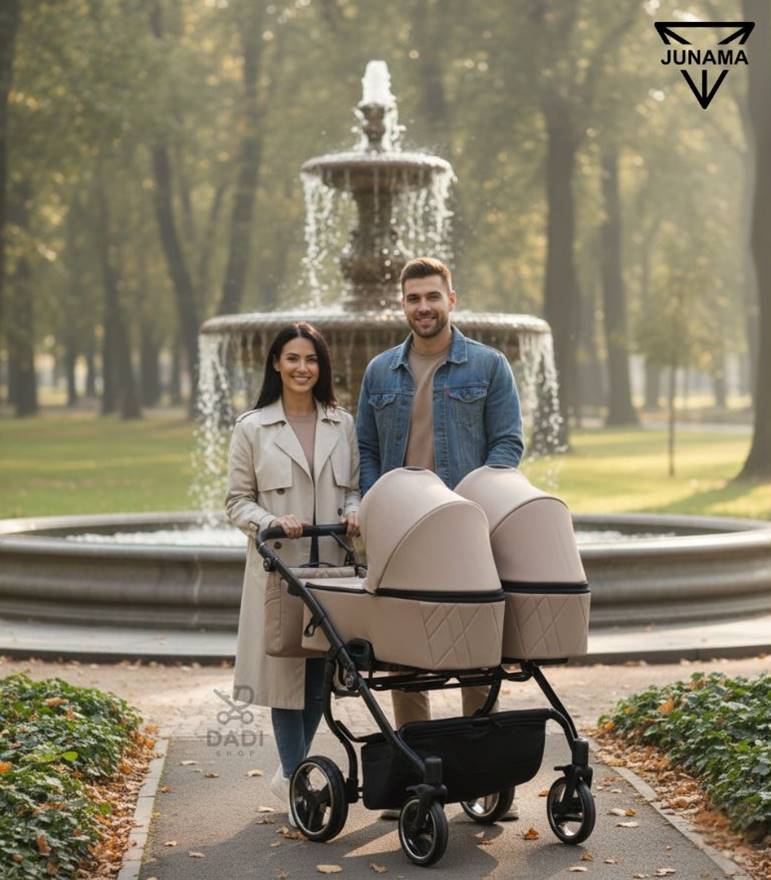 Junama Duo V3 wózek bliźniaczy 2w1 01 beżowy, rodzice spacerujący z dziećmi. dadi-shop