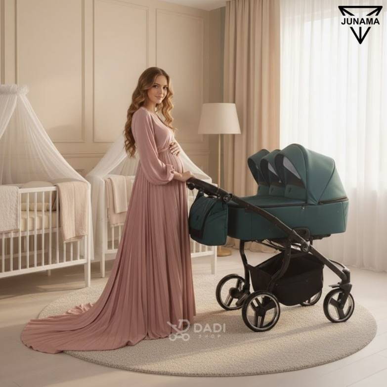 Sesja brzuszkowa w studiu z wózkiem bliźniaczym Junama Duo V3 – przyszła mama w bliźniaczej ciąży, elegancka prezentacja modelu, Dadi-Shop