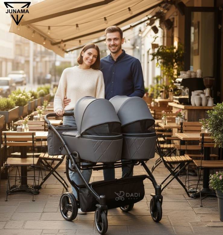 Twin pram Junama Duo V3 3-in-1 02 Graphite – newborn-friendly, ideal for family walks, Dadi-Shop