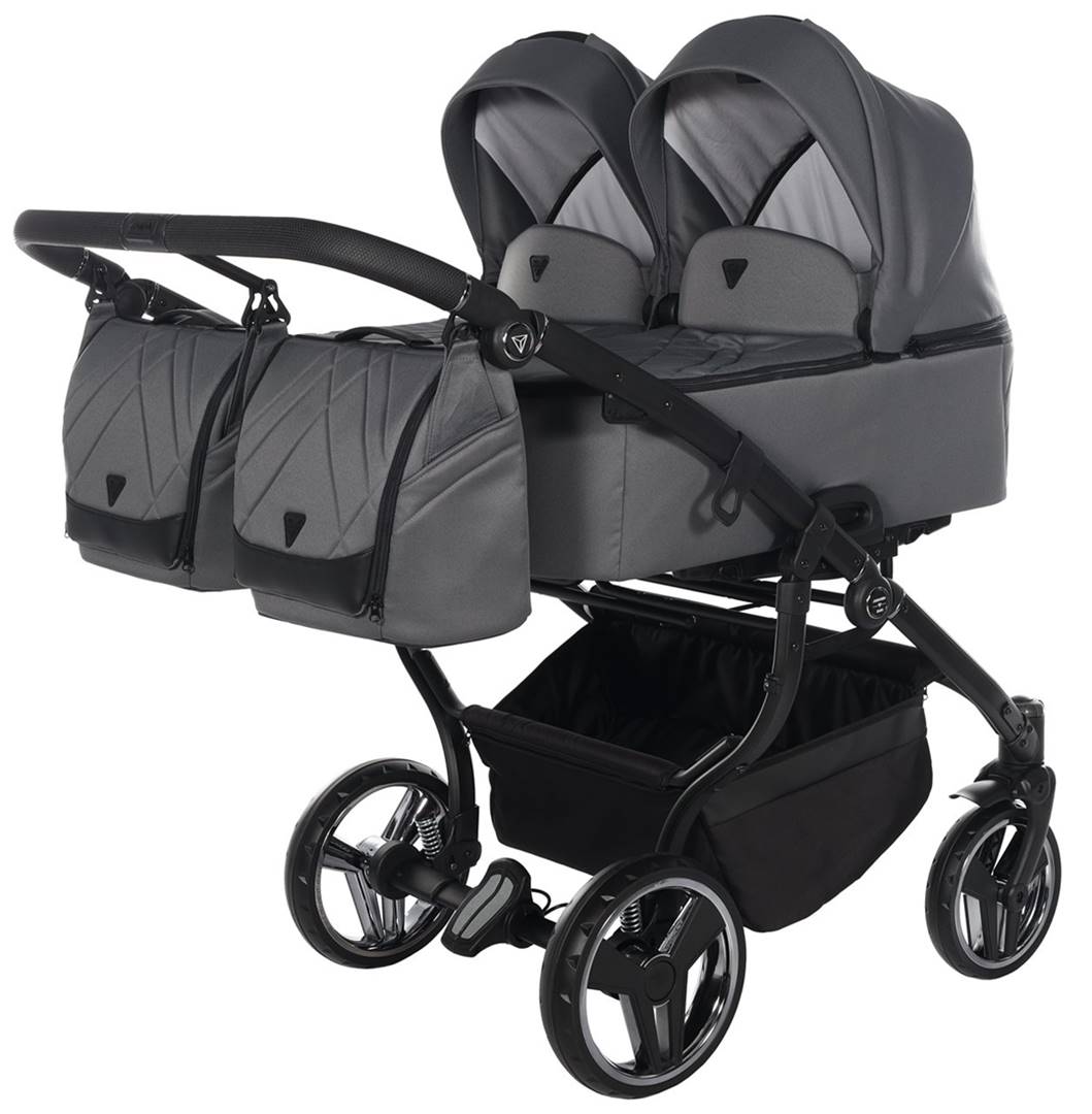 Wózek bliźniaczy Junama Duo V3 02 Graphite – gondole, wąska konstrukcja 78 cm, komfort i praktyczność podczas spacerów z bliźniakami, Dadi-Shop
