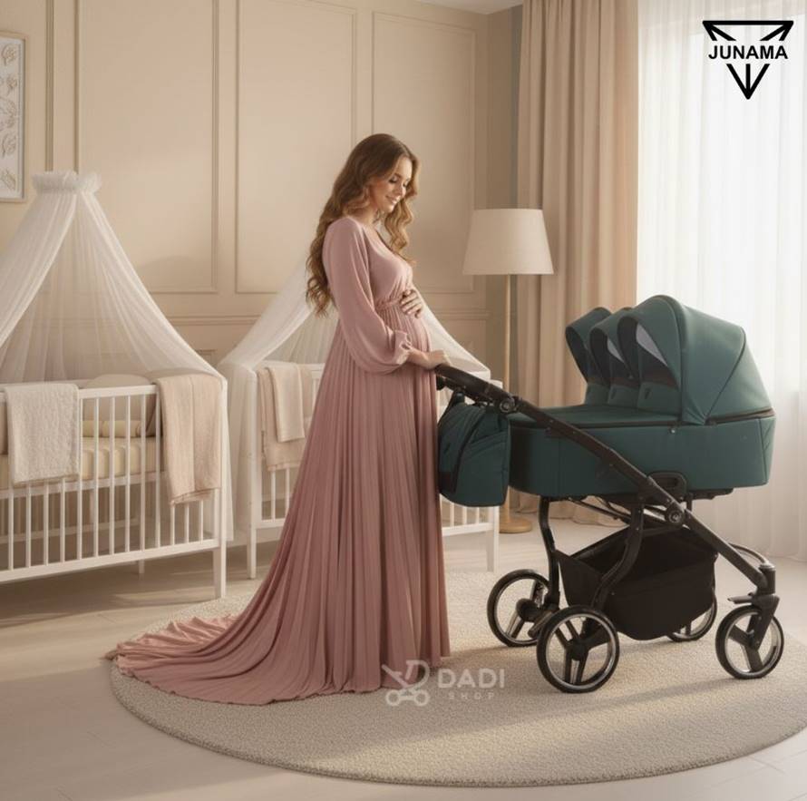 Junama Duo V3 3-in-1 Double Pram 03 Green – studio composition with woman pregnant with twins. Dadi-shop