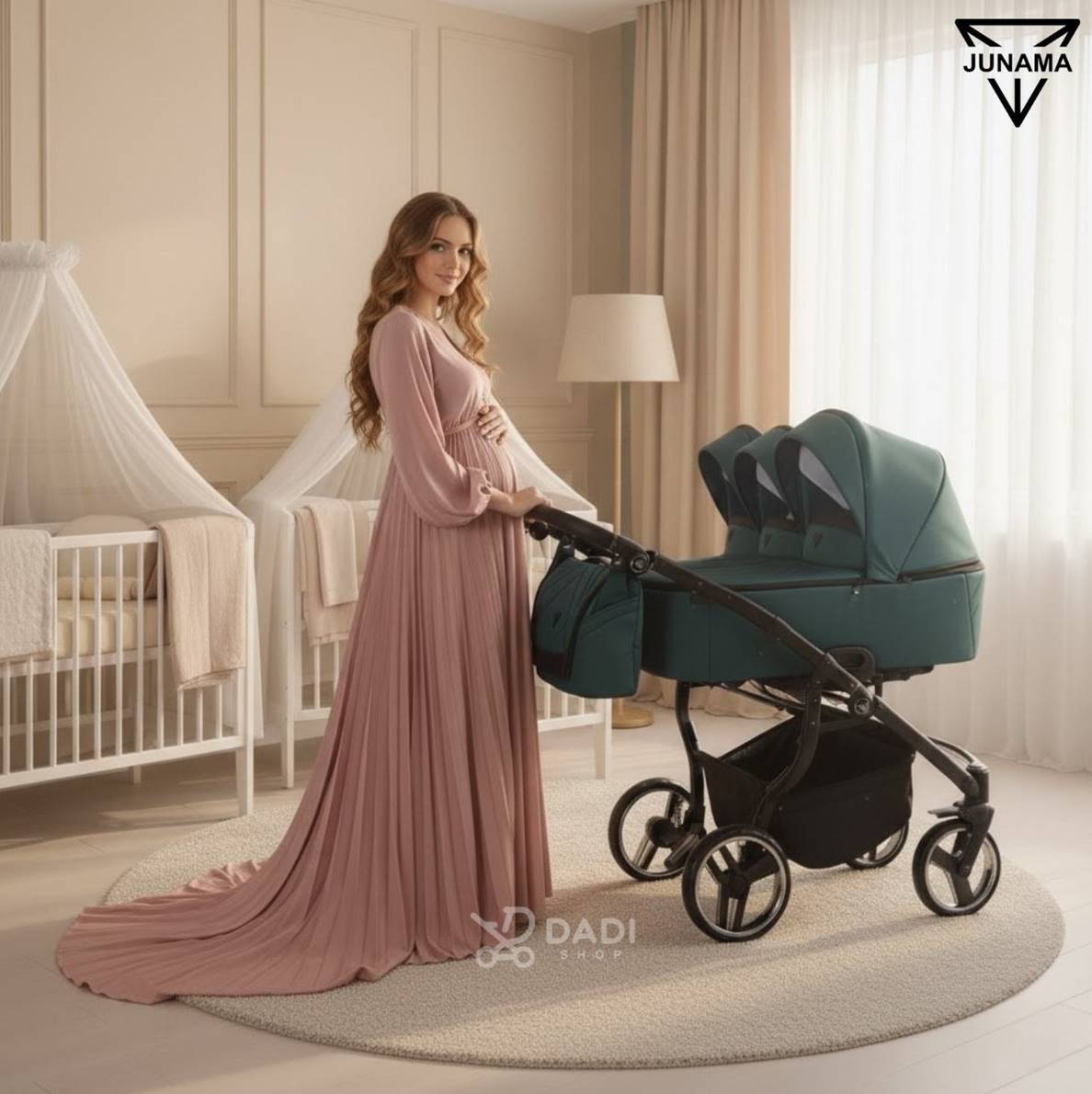 Wózek bliźniaczy 2w1 Junama Duo V3 03 Green – wielofunkcyjny lifestyle sesja ciążowa. sklep dadi-shop