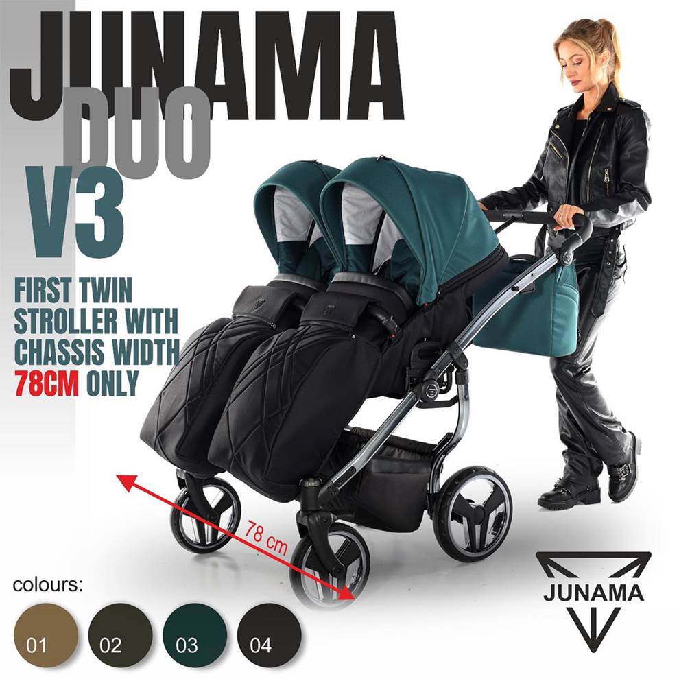 Junama Duo V3 wózek bliźniaczy 03- green- spacerówka prezentacja z modelką. dadi-shop