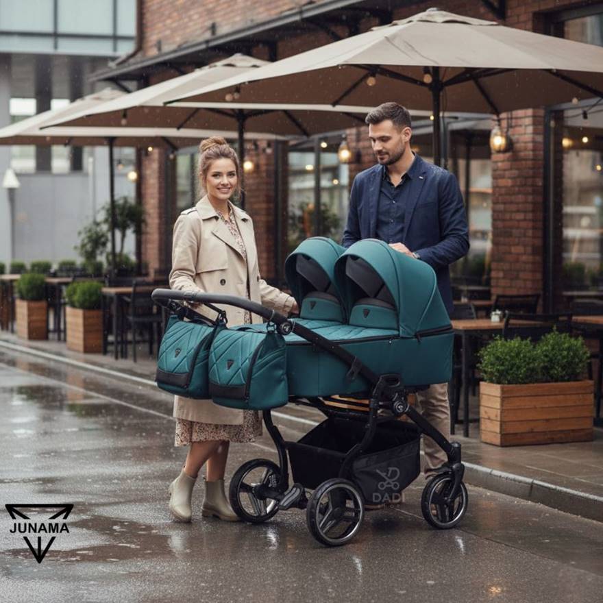 Junama Duo V3 Eco wózek bliźniaczy 3w1 ciemna zieleń prezentacja w mieście Dadi-Shop