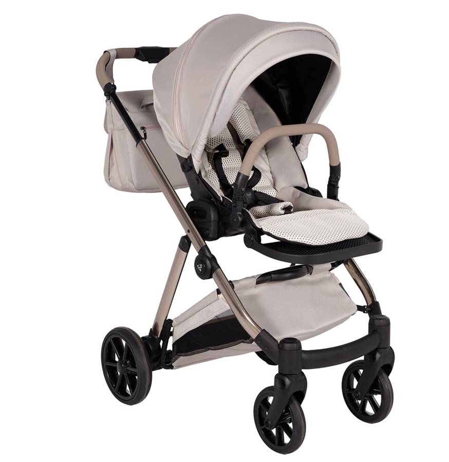 Junama Ellegante 3w1 – beżowy wózek dziecięcy ze spacerówką, stylowa prezentacja modelu dostępnego w sklepie Dadi-Shop.