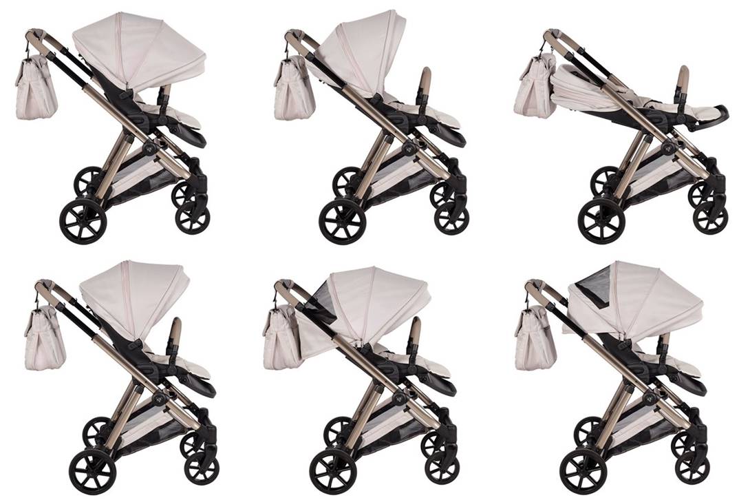 Wózek spacerowy Junama Ellegante 02 Beige – pokaz rozkładania siedziska do pozycji leżącej, praktyczna funkcja dostępna w modelu z Dadi-Shop.