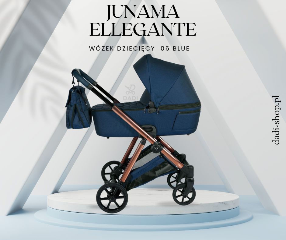 Wózek Junama Ellegance 06 Blue – elegancki wózek dziecięcy 2w1, 3w1 lub 4w1 w kolorze niebieskim, dostępny w sklepie Dadi-Shop
