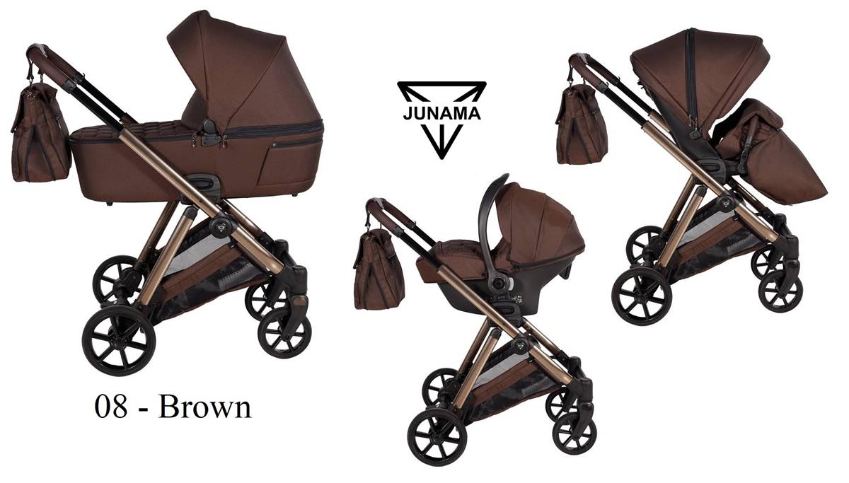 Wózek Junama Elegante 3w1 w kolorze 08 brązowym – gondola, spacerówka i fotelik Avionaut Cosmo, dostępny w sklepie Dadi-Shop.