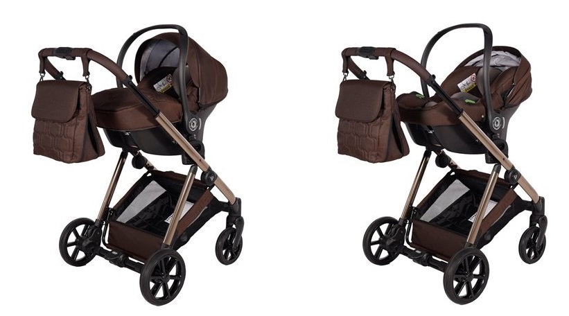 Prezentacja fotelika Avionaut Cosmo i-Size w kolorze brązowym na wózku Junama Elegante 08 Brown, dostępny w sklepie Dadi-Shop.