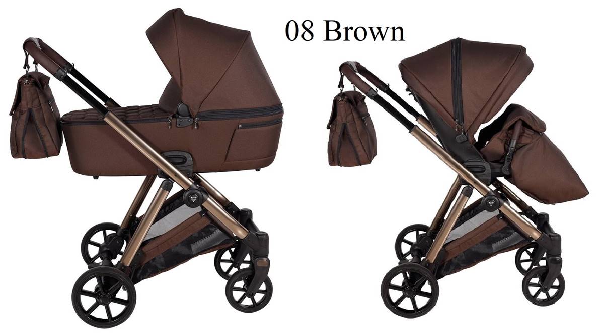 Wózek premium Junama Elegante 08 Brown – gondola i spacerówka widok z boku, elegancki model dostępny w sklepie Dadi-Shop.