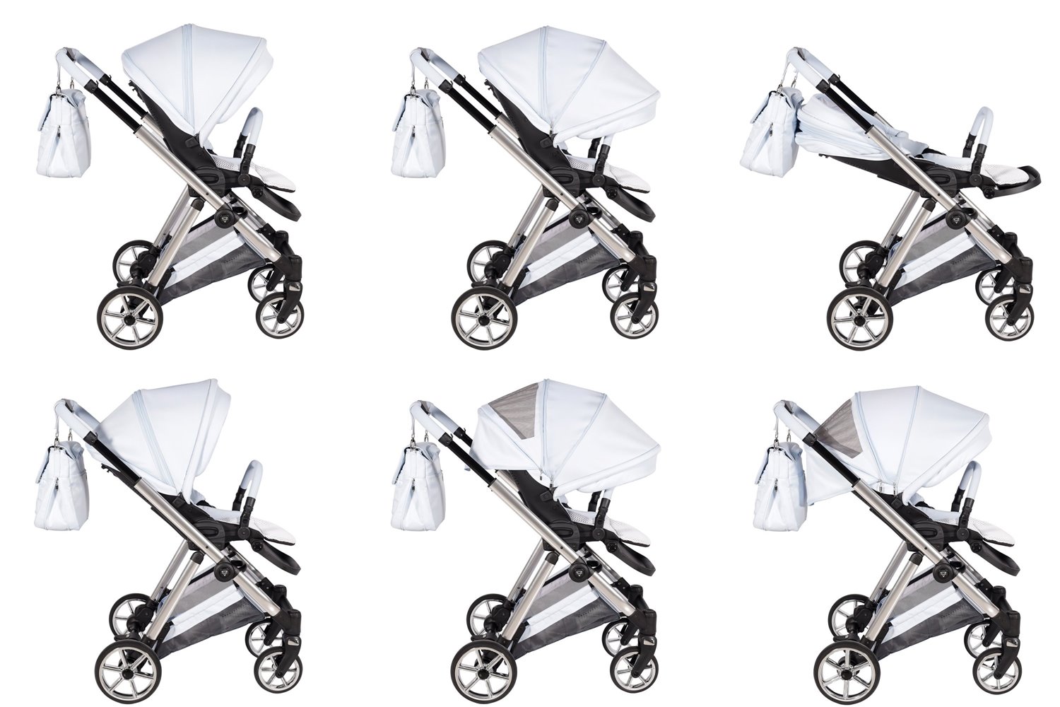 Wózek spacerowy Junama Ellegante 09 light blue – pokaz rozkładania siedziska do pozycji leżącej, praktyczna funkcja dostępna w modelu z Dadi-Shop.