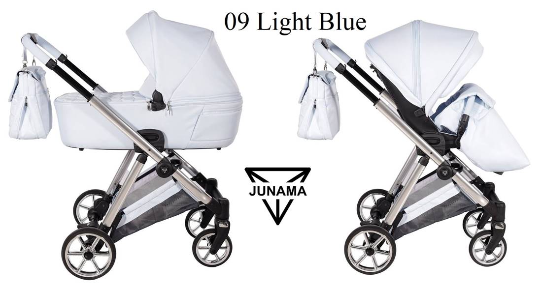 Wózek dziecięcy 3w1 Junama Elegance 09 light blue  – gondola, spacerówka i fotelik, elegancki zestaw dla niemowlaka dostępny w Dadi-Shop.