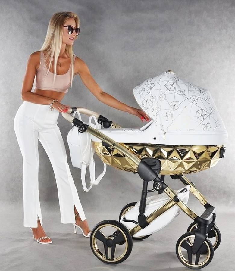 junama Heart Diamond 3w1 wózek dziecięcy w kolorze biało-złotym, dostępny w Dadi Shop – luksus, komfort