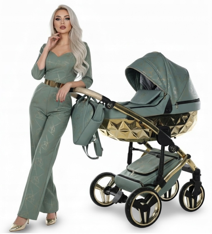 Luksusowy wózek dziecięcy Junama Heart Diamond 3w1 khaki – elegancka sesja, diamentowy design, Dadi-Shop.