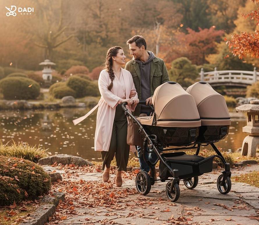 Junama Basic Duo Diamond twin pram side by side – young couple walking with double stroller in autumn Japanese garden, beige color
