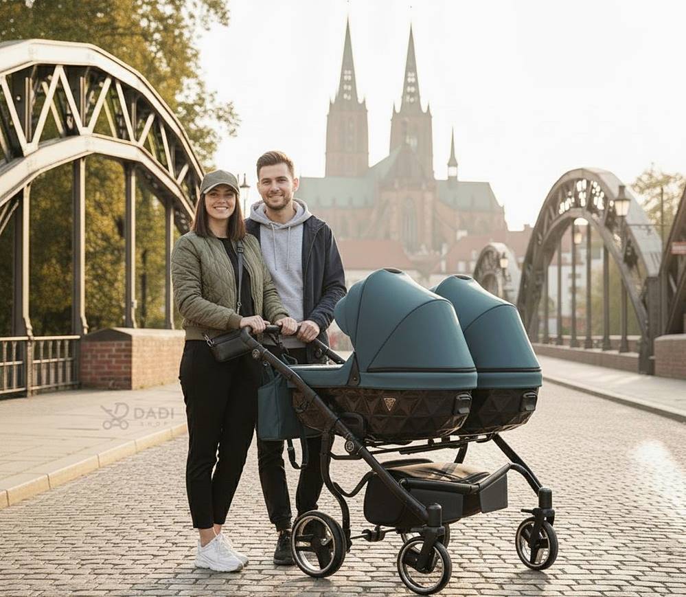 Wózek bliźniaczy Junama Basic Duo butelkowy zielony – gondole obok siebie, rodzice spaceruje po moście