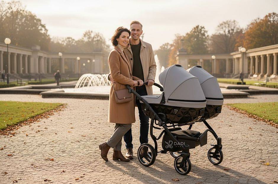 Junama Diamond Duo Basic twin pram side-by-side in a lifestyle session with parents, outdoors, available at Dadi-Shop.