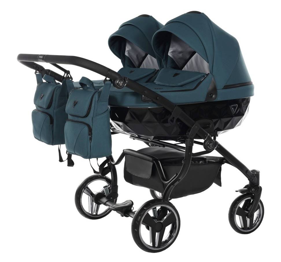 Wózek bliźniaczy 3w1 Junama Duo Basic Diamond 02 Green – gondole side-by-side z eleganckim tłoczeniem 3D, spacerówki i foteliki, dostępny w Dadi-Shop.