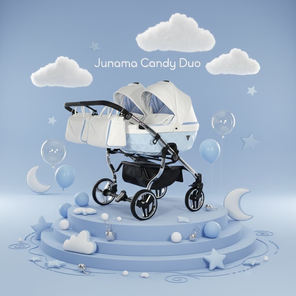 Błękitny wózek bliźniaczy Junama Candy Duo V2 na podium, otoczony chmurami i gwiazdkami w bajkowej scenerii.