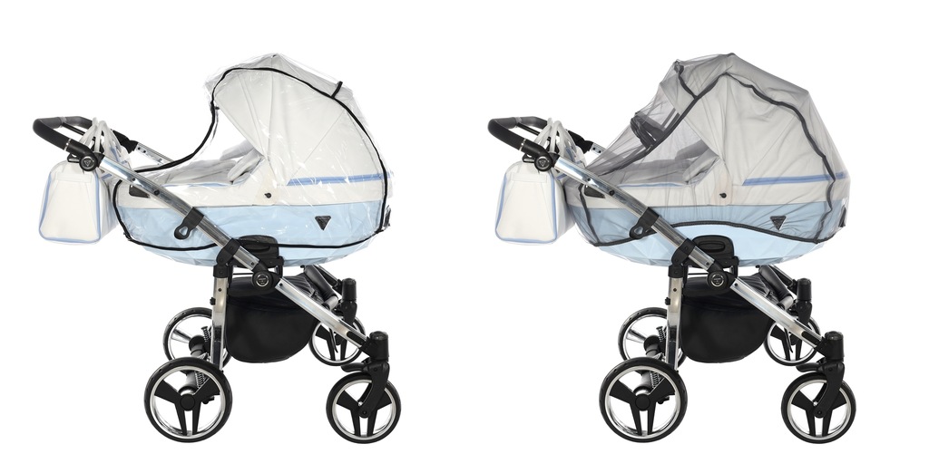 Akcesoria do wózka Junama Candy Duo V2: folia przeciwdeszczowa i moskitiera na błękitnej gondoli.